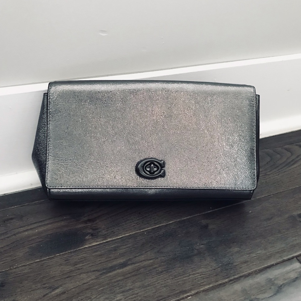 Coach Alexa Metallic Leather Turnlock Clutch Purse, Silver